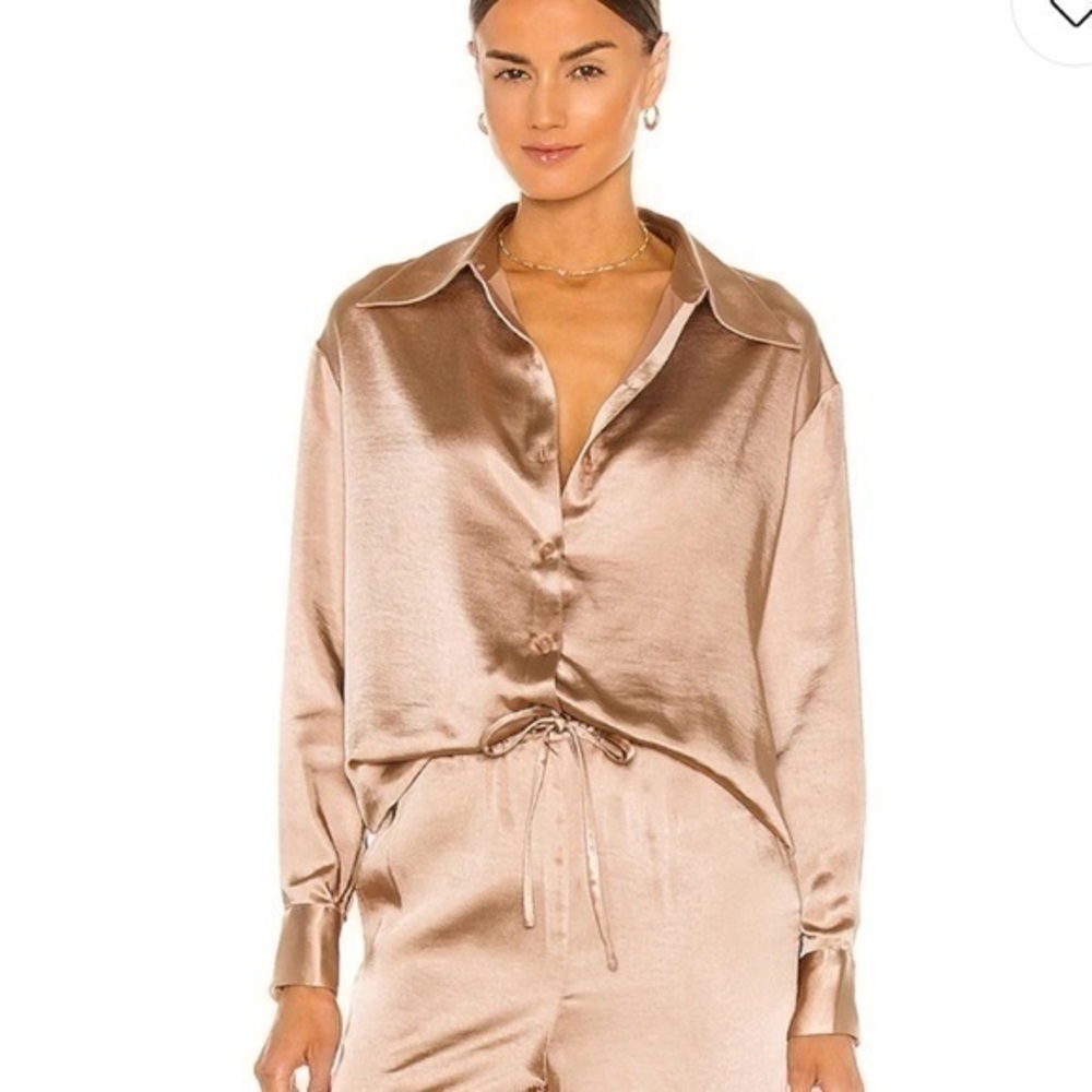 REVOVLE Song of Style Chloe Button Front Satin Long Sleeve Collared Yellow Top